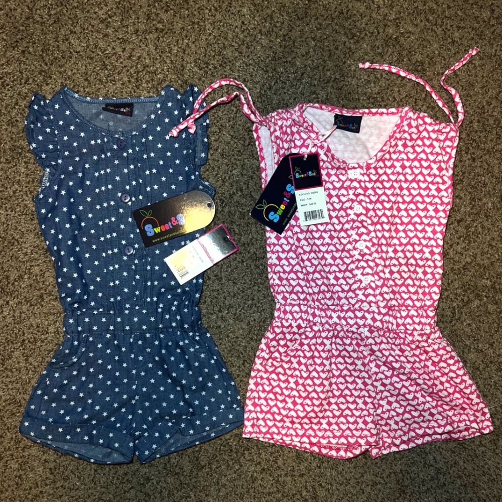 2 Pc Toddler Romper 12M NWT‎ Sweet & Soft Pink Hearts Blue Stars Summer Outfit